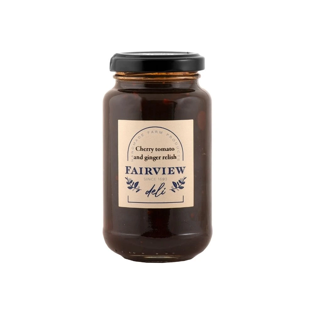 Fairview Cherry Tomato and Ginger Relish jar on white background