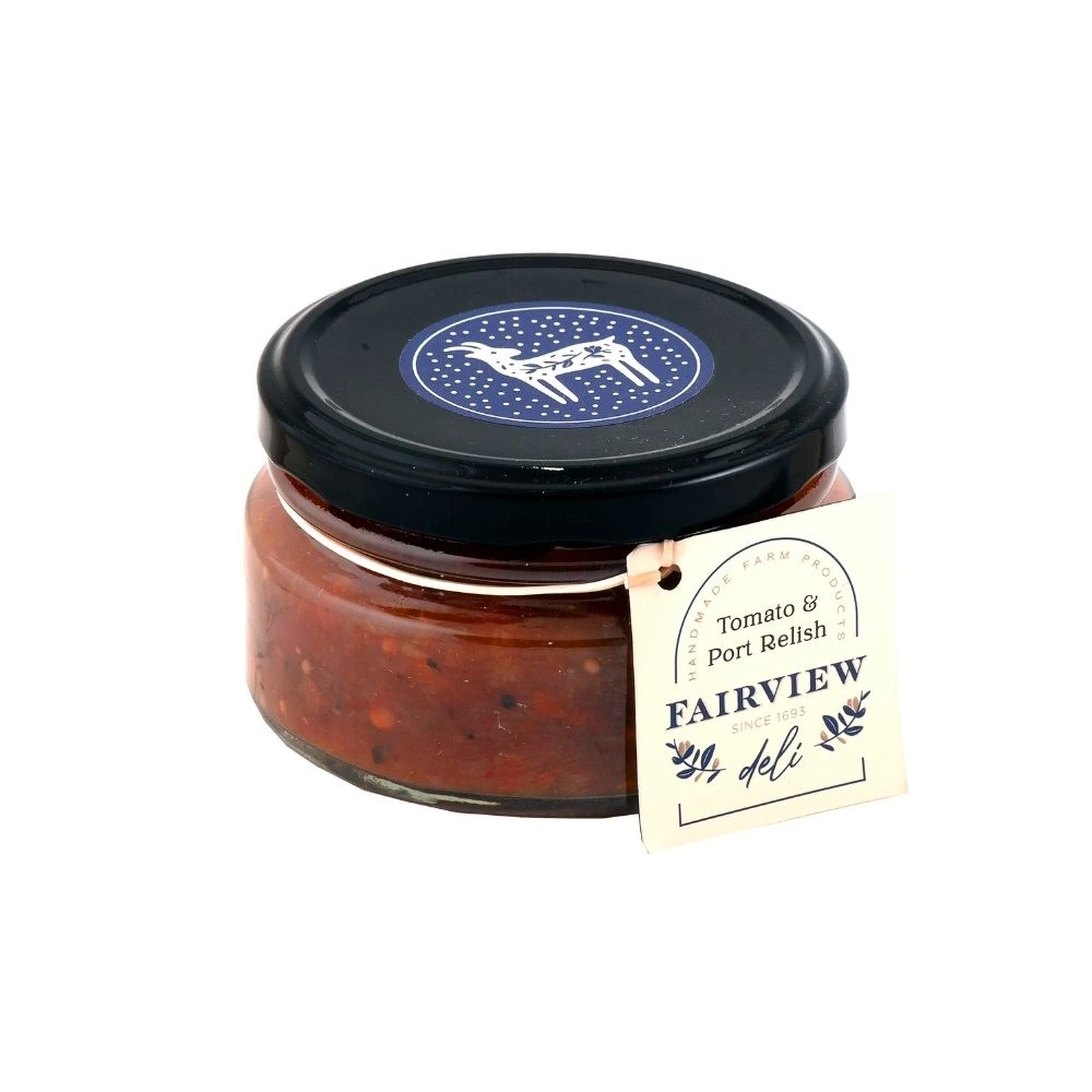 Glass jar of Fairview Tomato and Port Relish with label